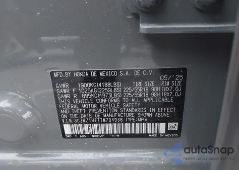 2026 Honda Hr-V 2Wd Ex-L z USA, uszkodzony, nr VIN 3CZRZ1H77TM704938